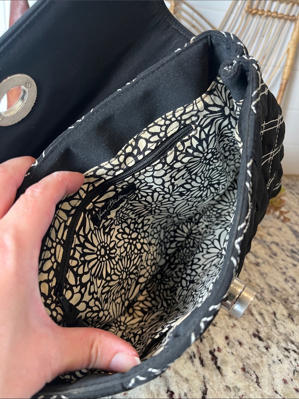 Vera Bradley Black Quilted Satchel with White Stitching - Picture 6 of 10